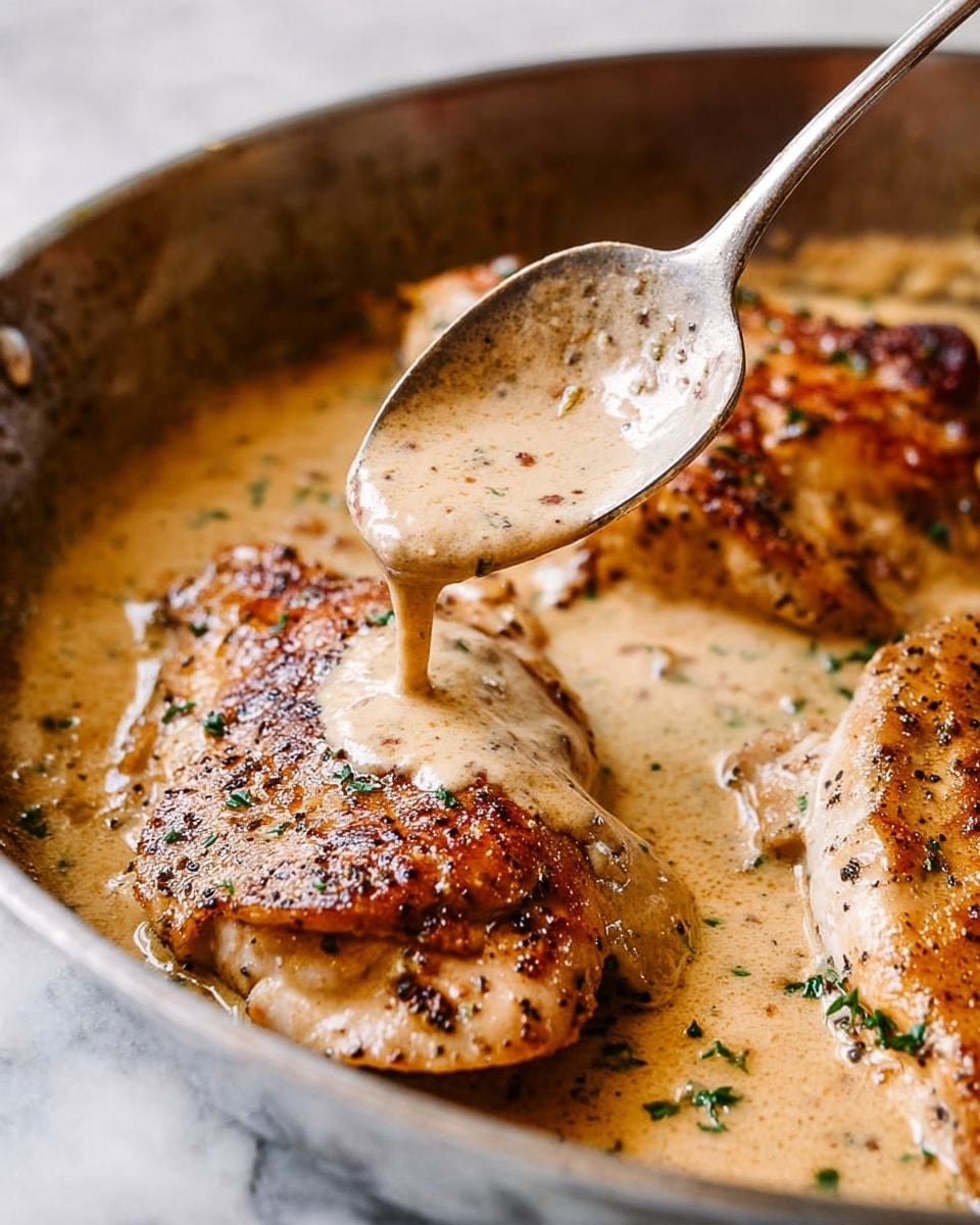 The image shows a large white pan filled with a creamy, orange-brown sauce that has small bits of green herbs and black pepper flakes scattered across its surface. The sauce has a smooth texture with slight swirls and bubbles, giving it a rich and seasoned look. The pan sits on a white marbled surface, adding brightness and contrast to the warm color of the sauce. Photo taken with an iphone --ar 4:5 --v 7