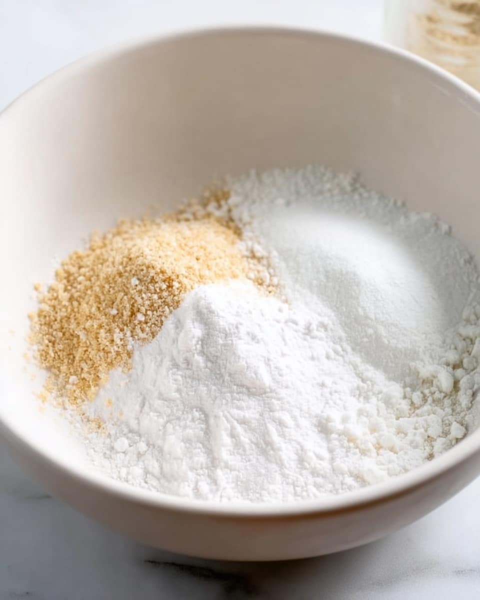 A close-up image of a white bowl filled with three dry ingredients in separate small piles. On the left side, there is a light brown grainy texture, in the middle a white granulated sugar mound, and on the right, a white powdery flour pile. The bowl sits on a white marbled surface, with soft natural light highlighting the textures and colors. Photo taken with an iphone --ar 4:5 --v 7