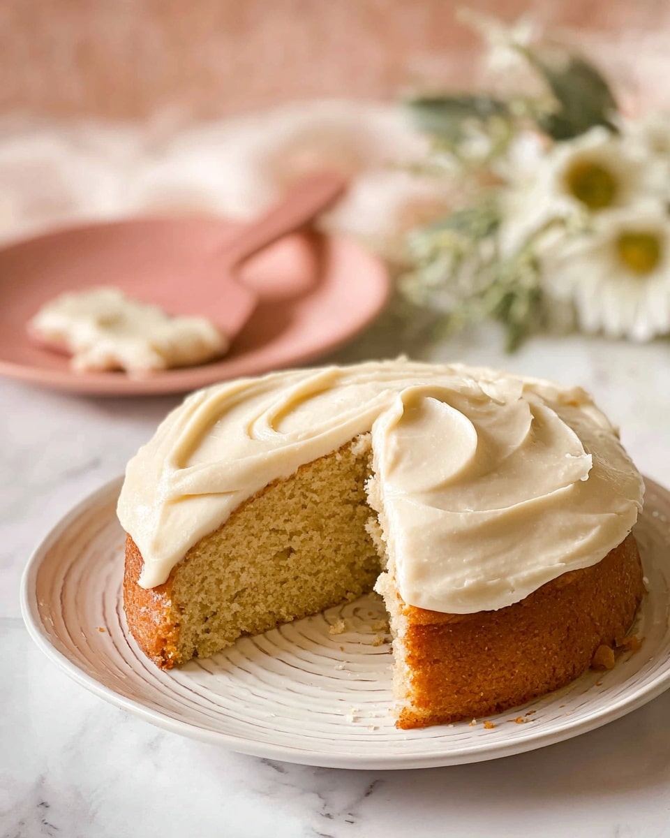 A single-layer round cake with a golden brown base topped thickly with creamy, off-white frosting that has soft, smooth swirls. Two triangular slices are cut from the cake, showing the moist texture inside. The cake sits on a white plate with a subtle design, placed on a white marbled surface. In the background, a blurred pink element and a white flower add a soft touch. Small white snowflake-shaped decorations lie near the plate. photo taken with an iphone --ar 4:5 --v 7
