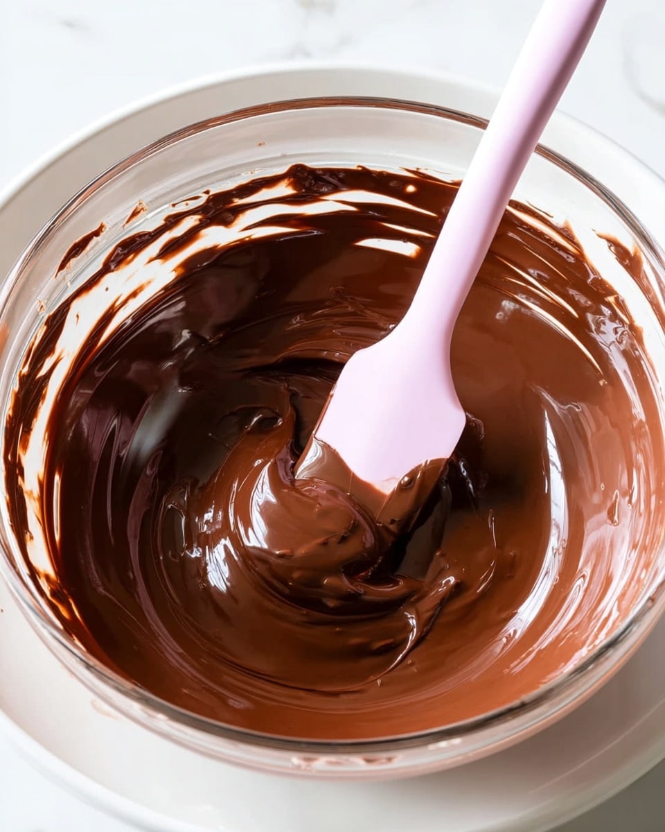 A clear glass bowl filled with smooth, shiny, dark brown melted chocolate, with streaks of chocolate spread along the inner sides of the bowl. A pale pink spatula stands in the middle, partially covered in the thick chocolate, showing the creamy texture. The bowl sits on a white plate, all placed on a white marbled surface. photo taken with an iphone --ar 4:5 --v 7