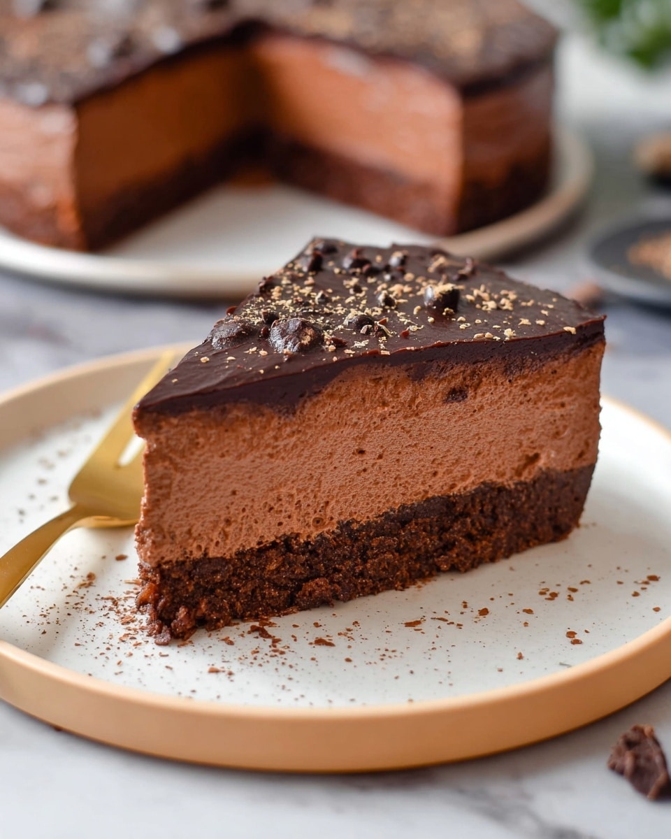 A single slice of chocolate mousse cake with three visible layers sits in the center of a white plate with a thin beige rim, placed on a white marbled surface. The bottom layer is a dense, crumbly brown cake base, followed by a thick, creamy middle layer of lighter chocolate mousse with a smooth texture. The top layer is a glossy, darker chocolate ganache sprinkled with fine chocolate shavings and small chocolate pieces. In the background, a whole cake with one slice removed is blurred. A gold fork rests near the cake slice on the plate. Photo taken with an iphone --ar 4:5 --v 7