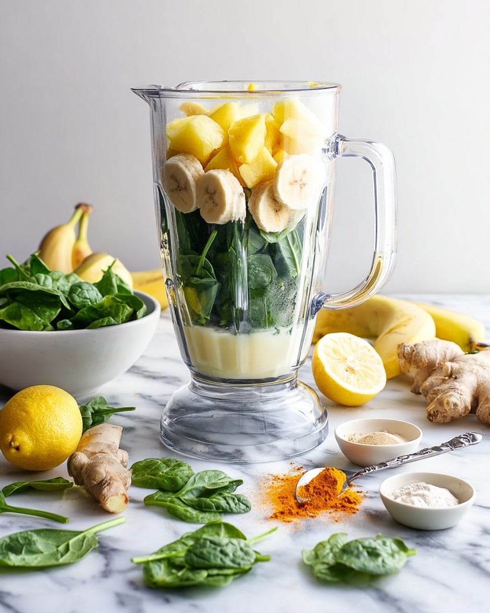 A clear glass blender filled halfway with a light green smoothie sits on a white marbled surface; in front of the blender, there is a rough light brown ginger root and a bright yellow half lemon with visible pulp. To the left side, a small white bowl holds thick white yogurt, and a tiny white dish contains bright orange turmeric powder with some spilled on the surface near a silver spoon. On the right, a white bowl filled with dark green spinach leaves is placed next to a peeled light yellow banana lying on the surface. Additional fresh spinach leaves are scattered in front of the bowls and blender. The background is bright and plain white. Photo taken with an iphone --ar 4:5 --v 7