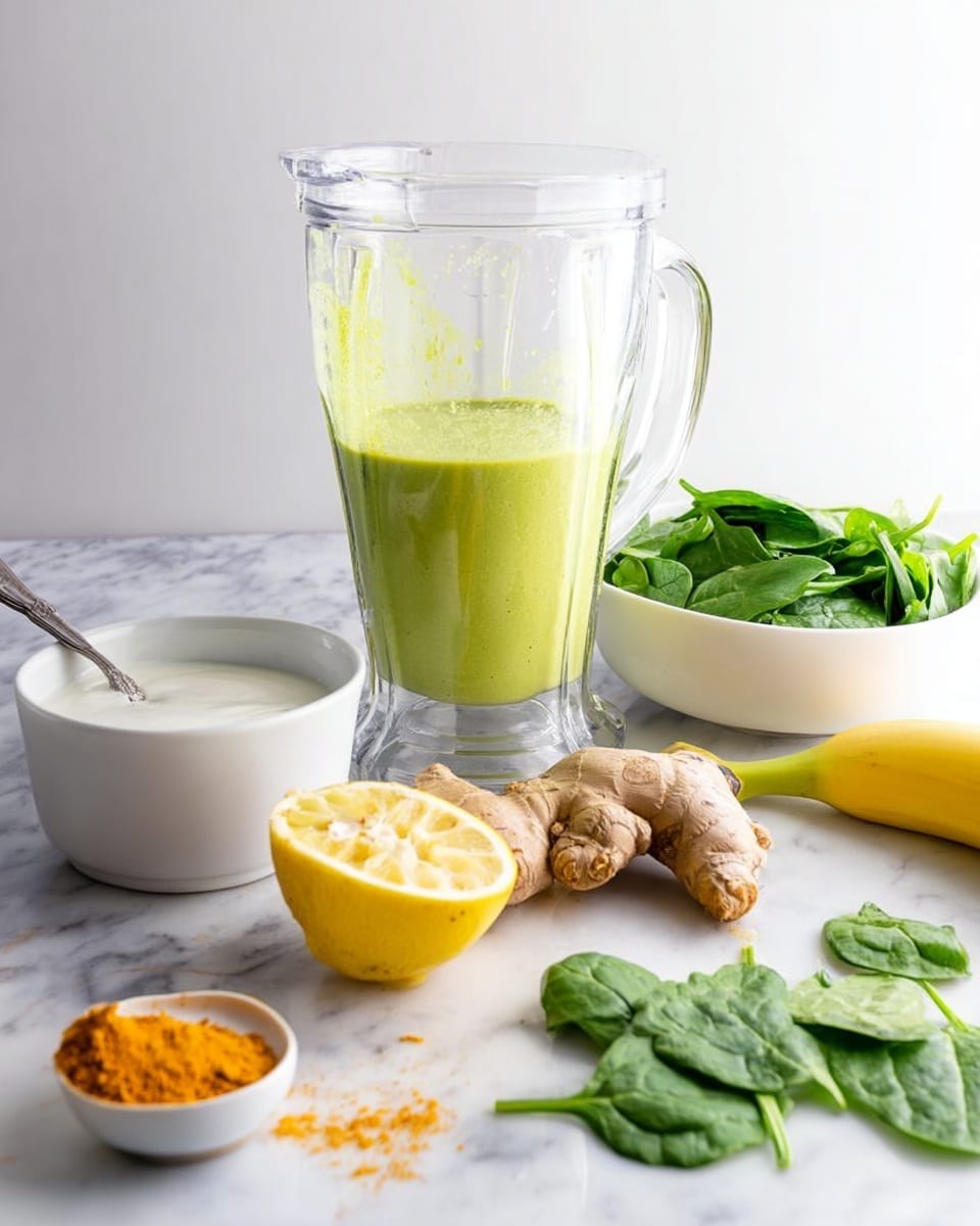 The image shows a tall glass bottle filled with bright green smoothie. Inside the bottle is a paper straw with subtle black letters. To the right of the bottle, there is a white bowl full of fresh green spinach leaves, sitting on a white marbled surface. Next to the bowl is a whole yellow banana. In front of the bottle and bowl on the surface, there are some loose spinach leaves spread out. On the left side, there is a half yellow lemon with visible juice drops and a small white dish holding white powder. In the foreground, there is a white spoon with bright orange powder spilling on the white marbled surface near it. The overall setting looks fresh and healthy with soft natural light, plain white background, and a slight cloth texture in the back. photo taken with an iphone --ar 4:5 --v 7