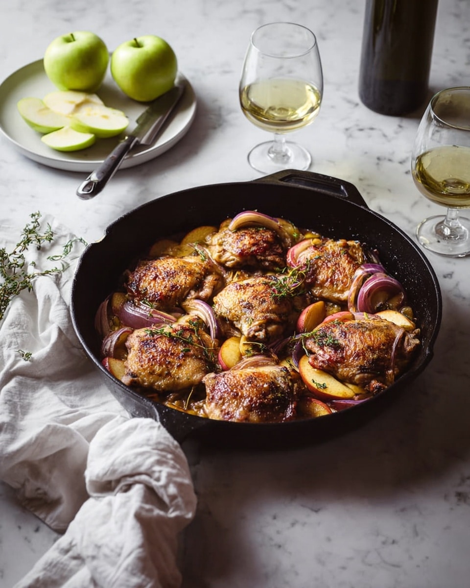 In a black cast iron pan placed on a white marbled surface, there are five browned chicken thighs arranged over a layer of cooked apple slices and red onion wedges, showing warm golden and purple colors mixed with some green herb sprigs on top. Behind the pan, there are cut green apples on a white plate and a knife, along with two clear wine glasses, one partially filled with white wine, and a dark bottle in the background. A white cloth is casually placed under the pan handle, adding a soft texture to the scene. Photo taken with an iphone --ar 4:5 --v 7