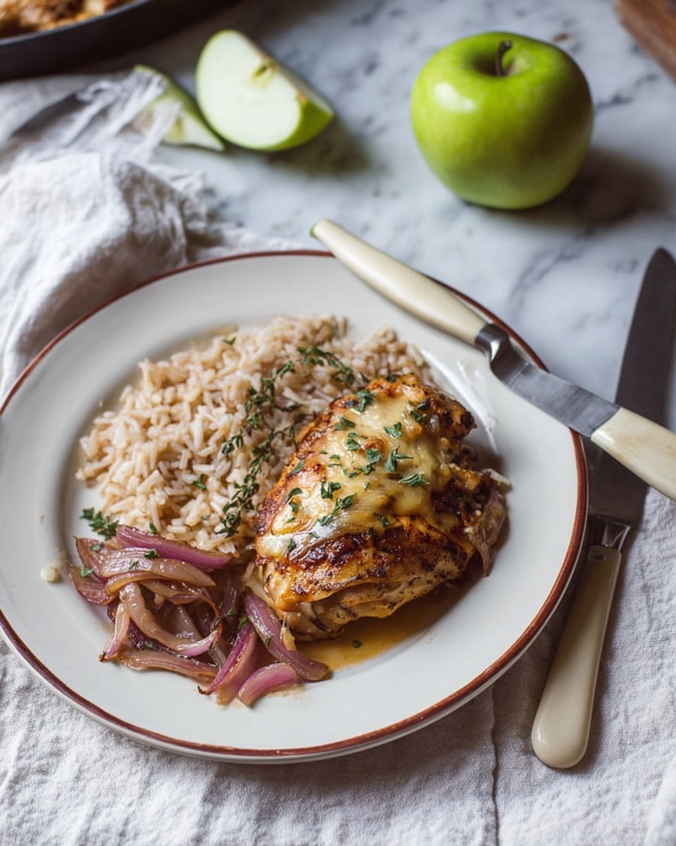 A white plate with a brown rim holds a piece of cooked chicken with golden brown skin, topped with herbs and melted cheese. Next to the chicken is a small pile of light brown cooked rice and a small serving of cooked reddish-purple onions in a light sauce. A fork with a cream-colored handle rests on the edge of the plate. In the background on a white marbled surface, there is a half green apple and a quartered green apple on a white cloth napkin next to a knife. Photo taken with an iphone --ar 4:5 --v 7