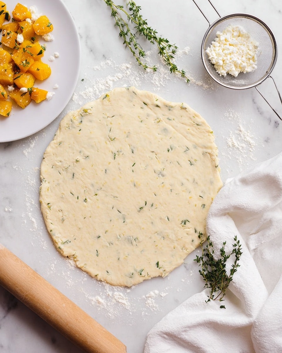 The image shows a flat, round dough spread on a white marbled surface, speckled with green herbs evenly throughout the dough. To the left of the dough, there is a white plate with small yellow-orange roasted pumpkin pieces, slightly seasoned. Below the plate, a small bowl contains crumbled white cheese. A light wooden rolling pin with some flour rests near the bottom left corner of the dough. To the right of the dough, a fine metal sieve with some flour inside is placed on a white cloth with a sprig of fresh green thyme resting on it. The overall setting is clean and bright, focused on the preparation of the dough and the ingredients around it. photo taken with an iphone --ar 4:5 --v 7