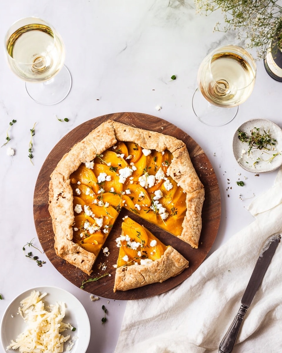 A round rustic tart sits on a dark wooden serving board placed on a white marbled surface. The tart has a thick, lightly browned crust folded unevenly around the edges. Inside, there are vibrant orange-yellow slices of roasted squash or pumpkin arranged in a circular pattern, topped with small crumbles of white cheese and scattered fresh green herbs, possibly thyme. The tart’s filling looks soft and textured with some black pepper sprinkled on top. In the background, there is a blurred glass of white wine and a glass of water, while a knife lies on a white cloth near the front. Photo taken with an iphone --ar 4:5 --v 7