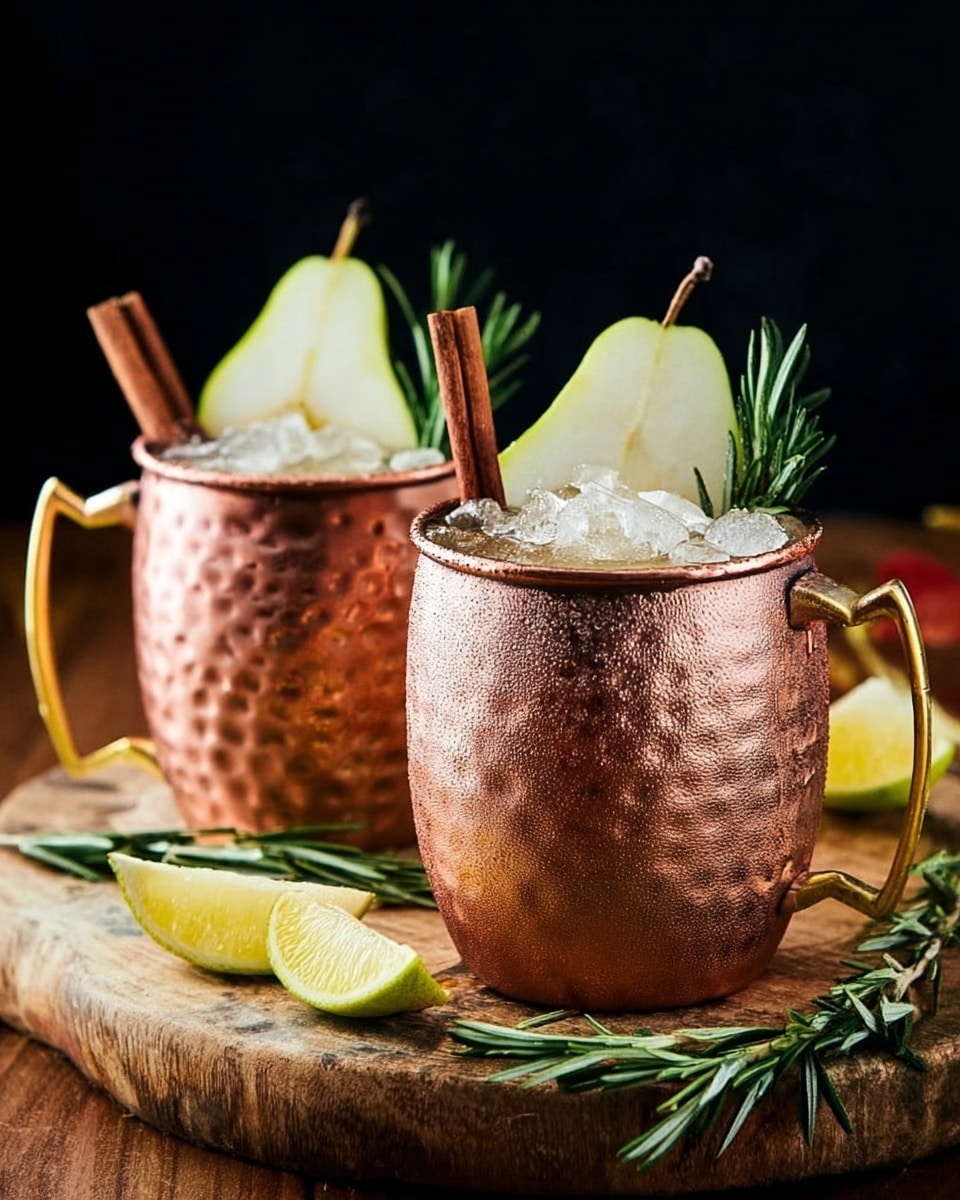 Two hammered copper mugs with golden handles sit on a round wooden surface. Each mug is filled with crushed ice topped with a slice of pale green pear, a cinnamon stick, and a sprig of fresh green rosemary. Around the mugs, there are bright yellow lime wedges and extra sprigs of rosemary. The background is dark, making the copper mugs and their toppings stand out clearly photo taken with an iphone --ar 4:5 --v 7