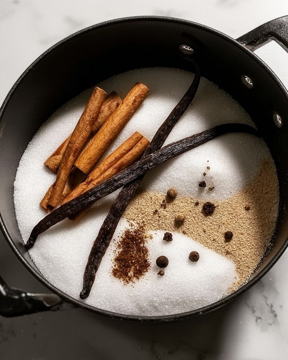 A small black pot filled with a white powdery layer of sugar as the base. On top of the sugar are several cinnamon sticks placed parallel to each other towards one side of the pot. Two dark brown vanilla pods lay across the sugar, crossing at the center. Small, round allspice berries and whole cloves are scattered on the sugar layer, with some ground brown spice sprinkled near the middle. The pot is on a white marbled surface. Photo taken with an iphone --ar 4:5 --v 7