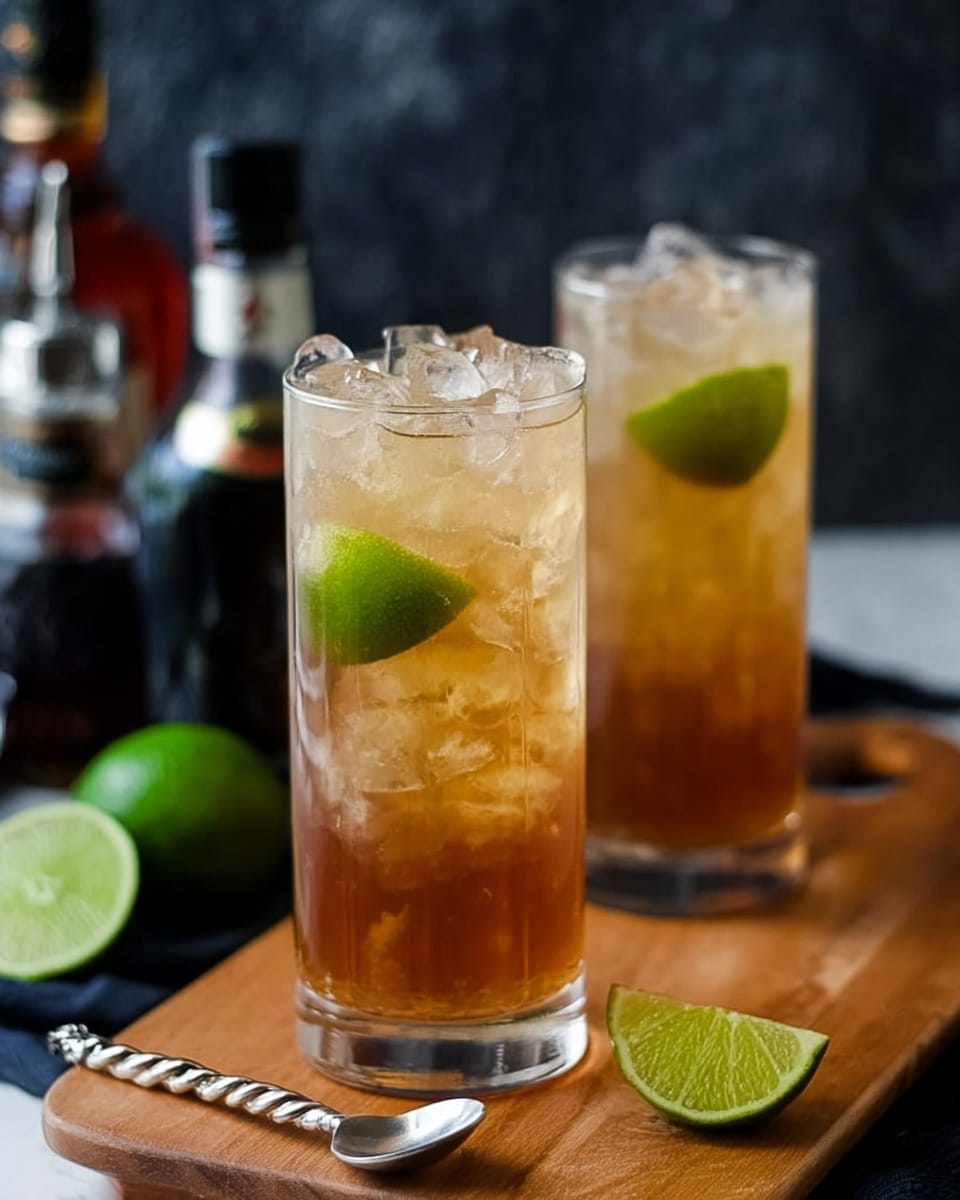 Two tall clear glasses filled with three main layers are shown on a wooden board. The bottom layer is light yellow and translucent, the middle layer is filled with ice cubes and green lime wedges, and the top layer is dark brown, also with ice cubes. In the background, there is a blurred dark bottle and a small clear glass jug containing a dark liquid. A twisted silver spoon rests in front of the glasses on the board, and a lime wedge is placed on the right side of the board. The background is dark, and the surface is a white marbled texture. photo taken with an iphone --ar 4:5 --v 7