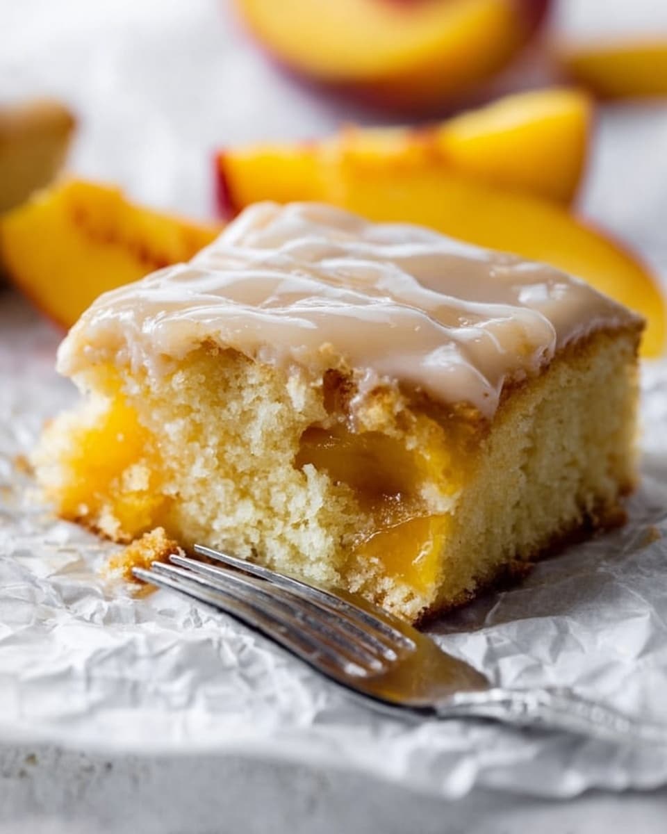 The image shows a close-up of a square piece of yellow cake with pieces of peach inside. The cake has one main layer of soft, fluffy cake with embedded peach chunks, and it is topped with a smooth layer of light beige icing that has small cracks. The cake is placed on crinkled white parchment paper on a white marbled surface. A silver fork rests next to the cake piece, and blurred peach slices appear in the background. Photo taken with an iphone --ar 4:5 --v 7