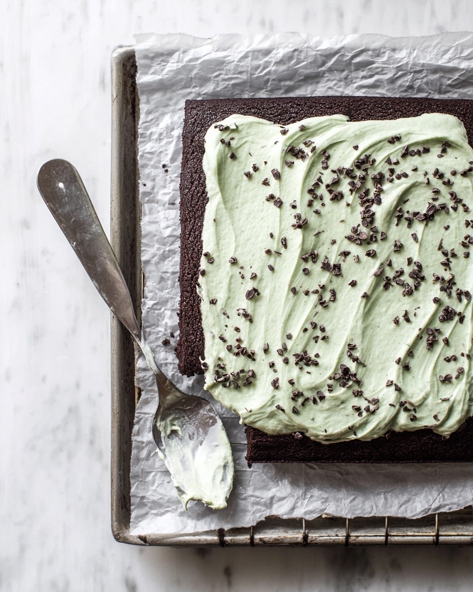 A close-up view of a square chocolate cake with a thick layer of mint green frosting with small dark chocolate bits swirled on top, covering the whole cake. The cake is cut into four square pieces, one piece is being lifted slightly by a metal spatula with a wooden handle. The cake sits on crumpled white parchment paper on a white marbled surface, showing the dark brown moist texture of the cake under the frosting. Photo taken with an iphone --ar 4:5 --v 7