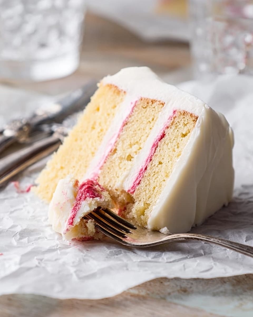 A slice of cake with three layers is shown on a piece of white parchment paper on a white marbled surface. The top and bottom layers are light yellow with a soft texture, and there are two thin layers of pink filling between the cake layers. The entire slice is covered in smooth white icing. A fork is cutting into the bottom right side of the slice, lifting a small piece of cake. The background is softly blurred glassware and cutlery, keeping the focus on the cake slice. Photo taken with an iphone --ar 4:5 --v 7