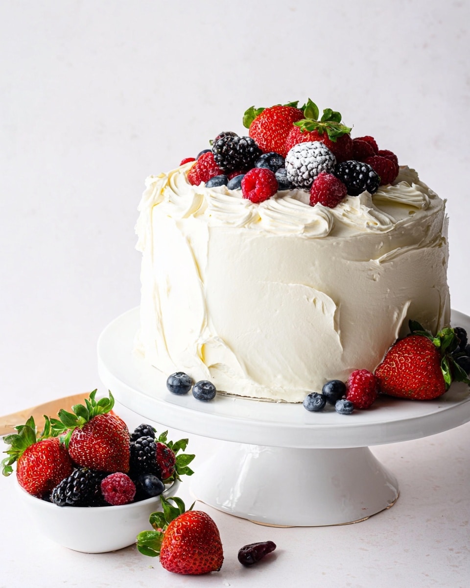 A tall white cake with three visible layers is covered in thick, creamy white frosting that has soft swirls and peaks on the surface. On top of the cake, there are scattered fresh strawberries, raspberries, blueberries, and blackberries that add bright red, blue, and black colors to the white frosting. Some strawberries with green leaves are also placed at the bottom edge of the cake on the white cake stand. Next to the cake, there is a small white bowl filled with more mixed berries. The cake and bowl are set on a clean white marbled surface. Photo taken with an iphone --ar 4:5 --v 7