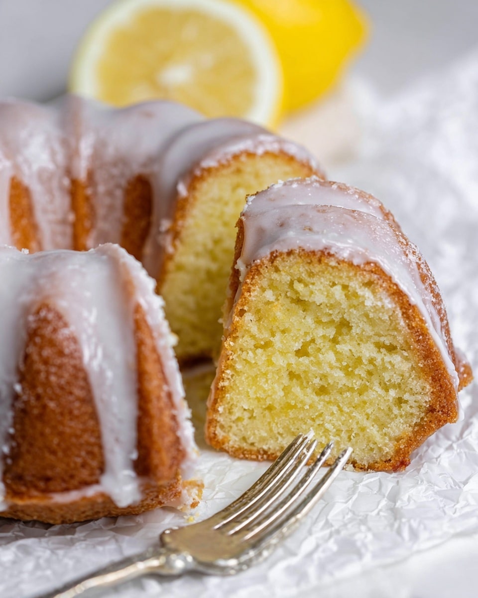 A round bundt cake with one slice cut out sits on a white marbled surface. The cake has a thick light brown outer layer with a frosted glaze that is white and slightly shiny. Inside, the cake is soft, pale yellow, and fluffy in texture. The glaze covers most of the top and sides unevenly, showing parts of the cake beneath. A silver fork rests nearby on the surface next to the cut slice. Photo taken with an iphone --ar 4:5 --v 7