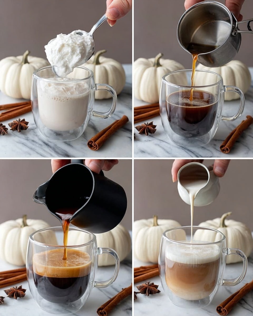 Two clear glass mugs filled with a creamy light brown drink sit on a rough wooden slab. Each mug has a thick swirl of white whipped cream on top, sprinkled with brown powder, and a cinnamon stick placed in the whipped cream. Around the slab are reddish autumn leaves, whole cinnamon sticks laid in X shapes, and a white pumpkin to the side. The scene is set on a white marbled surface with a blurred dark background. photo taken with an iphone --ar 4:5 --v 7