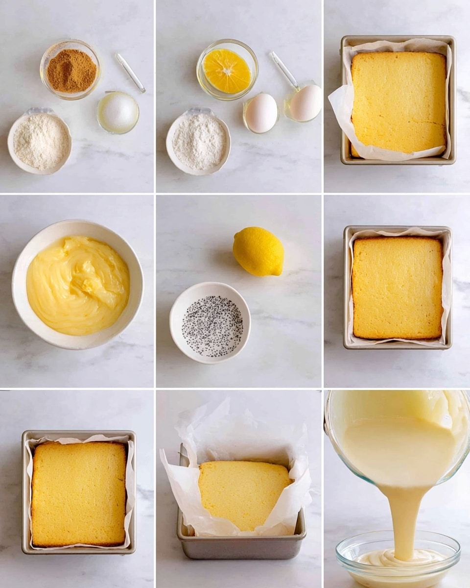 A stack of three square lemon poppy seed cake bars sits on brown parchment paper against a white marbled surface, each bar has two layers: a bottom crumbly golden-yellow cake with tiny black poppy seeds throughout and a smooth, glossy white icing layer on top. The top bar is garnished with a small curved yellow lemon slice resting near the center. Around the stack are more cake squares with the same color layers and lemon slice toppings, alongside fresh lemon halves and black poppy seeds scattered on the surface in soft focus. Photo taken with an iphone --ar 4:5 --v 7