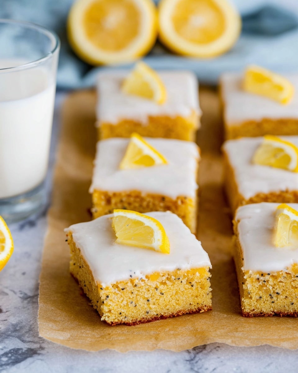 The image shows several square lemon poppy seed cake slices arranged neatly on a parchment paper with a white marbled surface underneath. Each cake slice has two layers: a golden yellow poppy seed cake base with a soft texture, and a smooth, shiny white icing layer on top. A small, bright yellow lemon wedge is placed on the top center of each slice. In the background, there is a glass of milk on the left side and a cut lemon on a light blue cloth. photo taken with an iphone --ar 4:5 --v 7