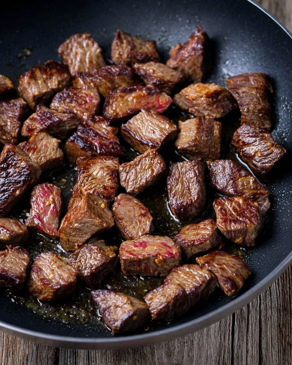 The image shows many small, irregular pieces of cooked beef in a black frying pan. The beef pieces have a brown, slightly charred outside with some reddish spots showing they are cooked medium. The texture is rough with grill marks and a glossy, juicy look. The frying pan surface is dark and slightly shiny with small oil droplets. The pan sits on a rustic wooden surface, but the background is changed to a white marbled texture. photo taken with an iphone --ar 4:5 --v 7
