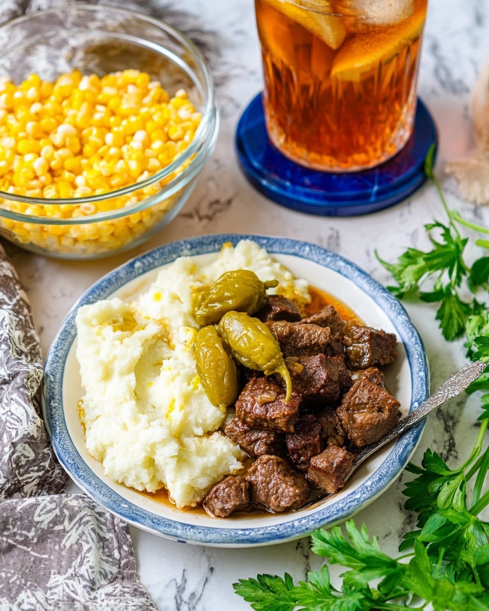 The image shows a pot filled with dark brown stew, which has many pieces of tender meat chunks scattered throughout. The meat pieces have a textured surface and a shiny glaze of sauce. There are three whole yellow-green chili peppers floating in the stew, adding color contrast. A metal ladle is scooping some meat in the center, showing the thick sauce around it. The background and edges of the pot are out of focus, emphasizing the rich stew. The surface beneath is a white marbled texture. photo taken with an iphone --ar 4:5 --v 7