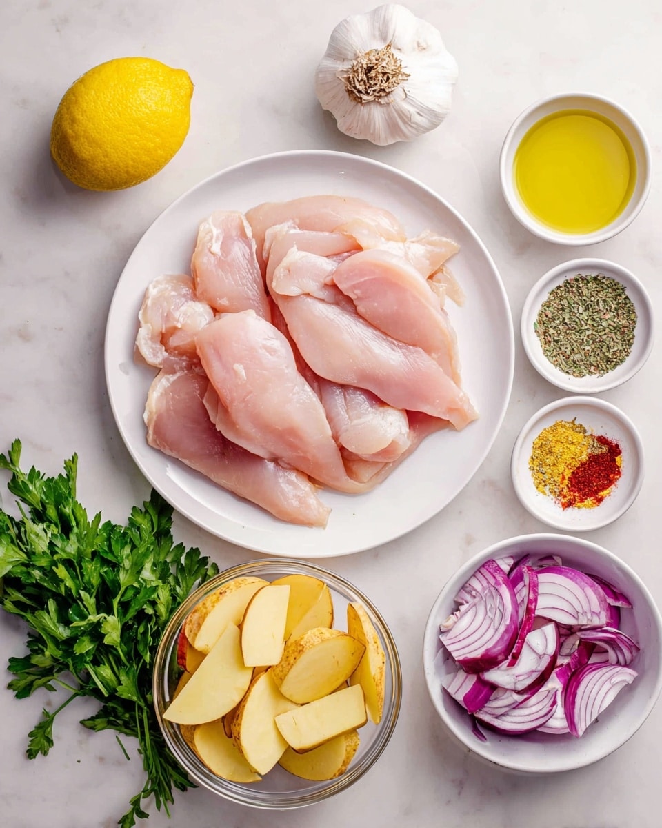 The dish shows a foil packet filled with three layers: at the bottom, chunky yellow potato wedges mixed with chunks of purple-red onion, both with a slightly roasted texture; in the middle, white pieces of seasoned chicken topped with a mix of herbs and small bits of garlic; on top, four thinly sliced, bright yellow lemon rounds arranged down the center, sprinkled with green parsley, all resting on crumpled silver foil with a whole lemon and green parsley sprigs nearby, on a white marbled surface; photo taken with an iphone --ar 4:5 --v 7