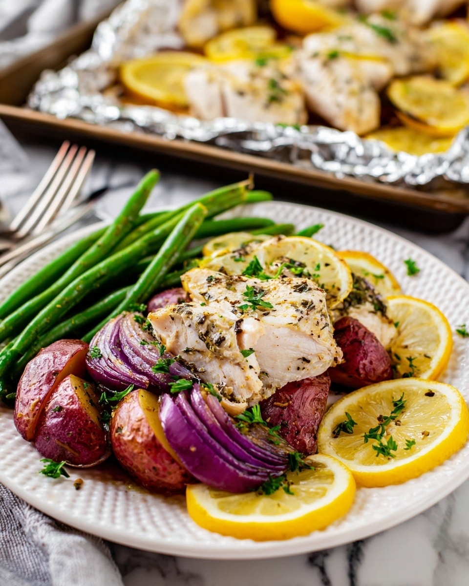 A white textured plate holds a meal with four main layers: the bottom layer has large red potato halves and some roasted purple onion pieces with a soft, cooked texture; on top of this is a layer of bright green cooked green beans neatly placed to the left; the third layer shows pieces of white chicken seasoned with herbs and spices, sprinkled with fresh green parsley; the fourth layer has thin, round yellow lemon slices placed on and around the chicken. In the background, there is a baking tray lined with crinkled foil holding more chicken, lemon slices, and herbs, all sitting on a white marbled surface. photo taken with an iphone --ar 4:5 --v 7