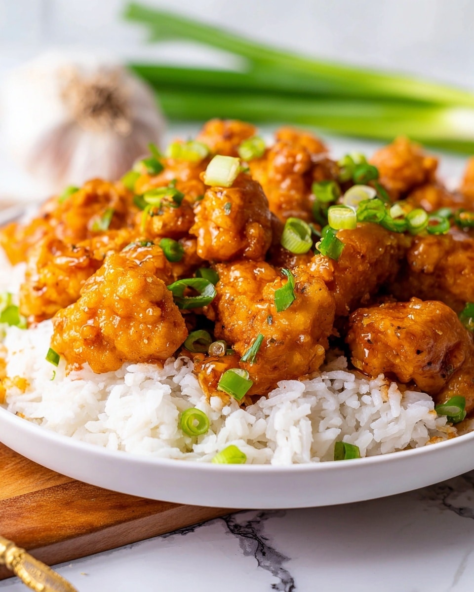 A close-up view of a white plate filled with three layers: at the bottom, a layer of fluffy, white steamed rice; on top, a thick layer of golden-brown chicken pieces coated in a shiny orange sauce with visible spices mixed in; scattered across the chicken are bright green chopped scallions adding a fresh pop of color. The plate sits on a white marbled surface, with blurred green onions and a bulb of garlic in the soft background. Photo taken with an iphone --ar 4:5 --v 7
