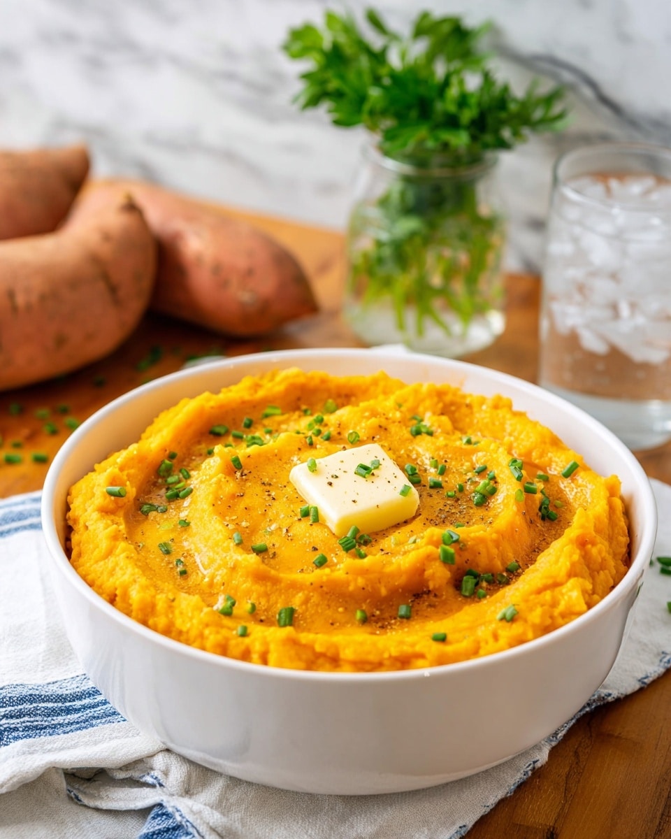 A white bowl filled with three layers of smooth mashed sweet potatoes, bright orange in color with a slightly textured surface. On top is a small square of melting butter, pale yellow, sitting in the center, sprinkled with finely chopped green chives and small black pepper specks. The bowl is placed on a wooden table with a white marbled texture in the background, alongside whole raw sweet potatoes and a small glass jar with fresh green parsley. There is a clear glass of ice water with condensation, and a white cloth with blue stripes partially under the bowl. Photo taken with an iphone --ar 4:5 --v 7