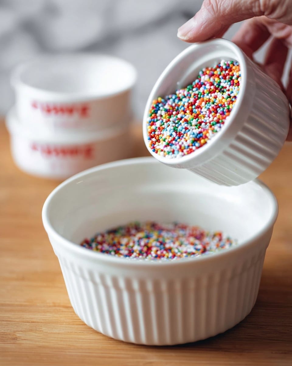 A white ribbed ramekin filled with a smooth creamy layer hidden under a thick top of small, round, colorful sprinkles in red, green, blue, yellow, white, orange, and purple. A silver spoon is partly dipped into the creamy layer, pushing aside some of the sprinkles, showing the contrast between the bright dots and the cream beneath. The ramekin sits on a white marbled surface with a few sprinkles scattered around. Another ramekin with the same topping is blurred in the background. Photo taken with an iphone --ar 4:5 --v 7