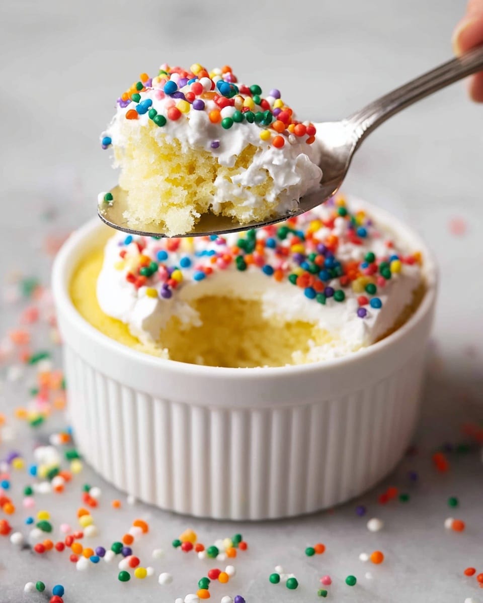A close-up image shows a woman's hand holding a small white textured ramekin tilted over a large white bowl filled with colorful sprinkles. The bowl is placed on a wooden surface, and blurred measuring cups with red markings are in the background. The sprinkles layer fills the bottom of the bowl with a mix of bright colors including red, blue, green, yellow, and white. The background features a white marbled texture. photo taken with an iphone --ar 4:5 --v 7