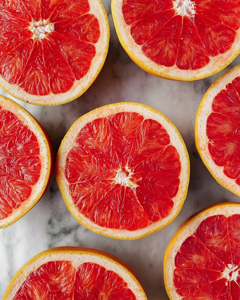 Several slices of bright red grapefruit sit on a surface with a white marbled texture. Each slice shows the details of the fruit's juicy pulp arranged in even segments, surrounded by a thin white pith and an outer yellow-orange rind. The slices are closely placed side by side without overlapping, showing the fresh and vibrant colors clearly. Photo taken with an iphone --ar 4:5 --v 7