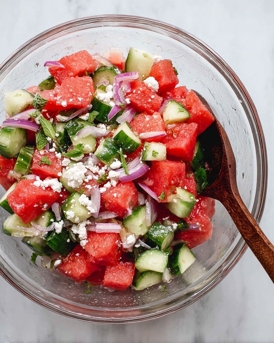 This image shows a close-up of a fresh salad with three main layers. The bottom layer has bright red watermelon cubes with a juicy texture. The middle layer has green cucumber pieces with light green inner parts and dark green skin. The top layer has thin purple onion slices, white crumbled cheese, and fresh green mint leaves scattered on top. The colors and textures mix together showing a fresh, healthy dish on a white marbled surface. Photo taken with an iphone --ar 4:5 --v 7