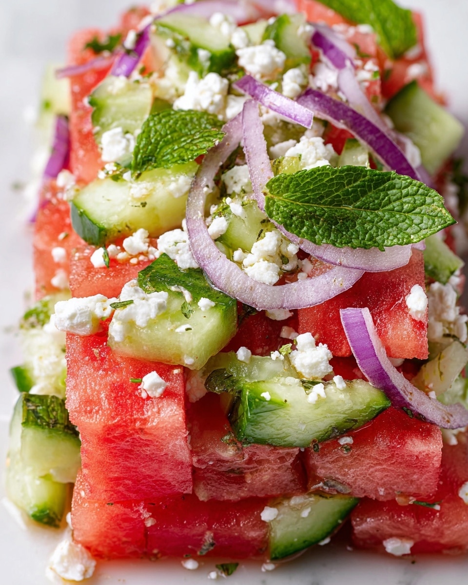 A white plate filled with a colorful salad shows three main layers: bright red watermelon cubes on top, light green cucumber chunks mixed in the middle, and thin rings of light purple onion scattered throughout. Crumbled white cheese is sprinkled all over, adding a rough texture. Fresh green mint leaves give small spots of color between the salad pieces. Two wooden spoons rest on the right side of the plate, one holding some salad. In the top left corner, a smaller white plate holds a small portion of the same salad near the edge. A glass with ice and a lime slice is placed on the white marbled surface in the top right area of the image. Photo taken with an iphone --ar 4:5 --v 7
