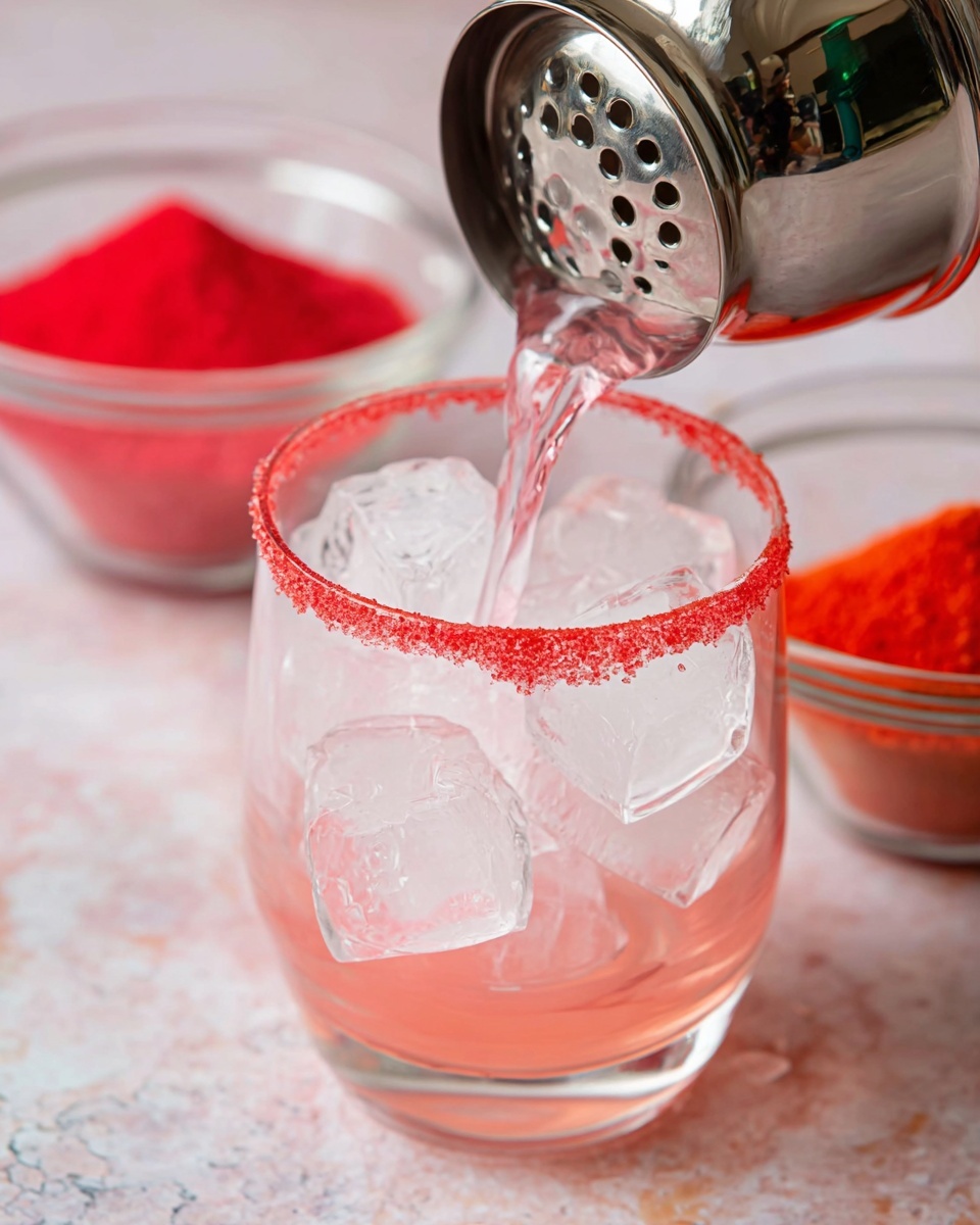 Hippie Juice and the Arctic Chill Muddler Recipe 4 A transparent glass filled with several large clear ice cubes is being poured with a light pink drink from a silver shaker with holes on its top. The glass has a bright red sugar rim around the edge, with some sugar crystals visible. In the background, there are two clear bowls filled with bright red powder, placed on a white marbled surface. The overall focus is on the glass and the pouring liquid, showing the shimmer of the pink drink mixing with the ice. Photo taken with an iphone --ar 4:5 --v 7