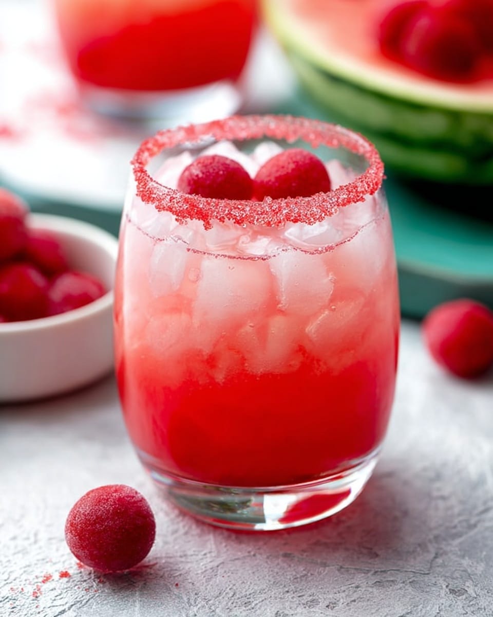 A clear glass filled with a red drink that fades lighter near the top, filled with small ice cubes that create a frosty look inside. The glass rim is covered with a layer of red sugar crystals. Floating near the top are two small round red fruit balls, possibly raspberries or watermelon. The drink is on a textured white marbled surface with two more red fruit balls placed nearby. In the background, a blurred white bowl filled with red sugar and a green watermelon with red fruit balls inside are visible. The overall look is fresh and summery with bright, vibrant colors. photo taken with an iphone --ar 4:5 --v 7