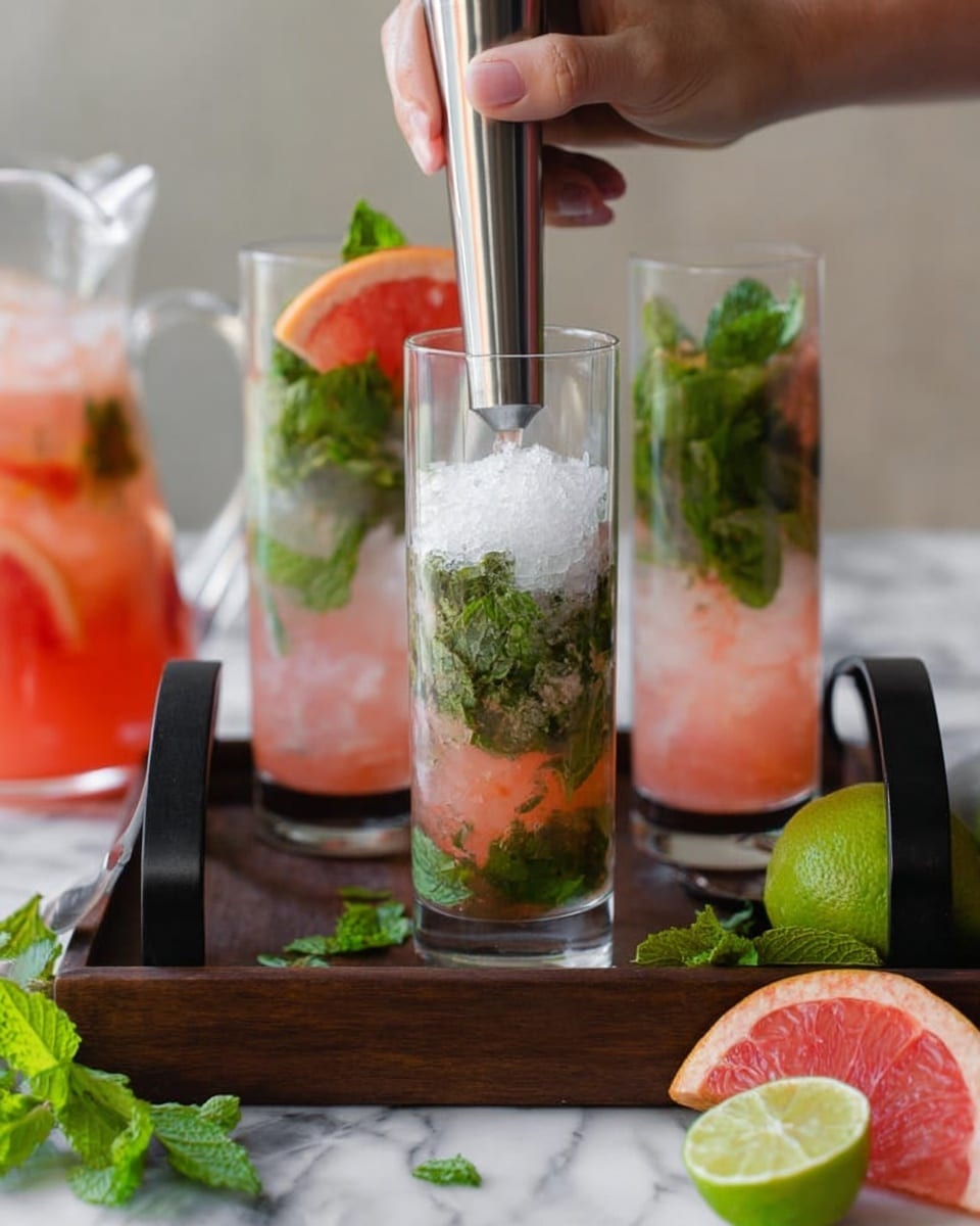 A clear tall glass with green mint leaves and white sugar at the bottom is being mashed by a metal muddler held by a woman's hand. Behind it, there are two more tall clear glasses filled with crushed ice, pink liquid, and green mint leaves, one garnished with a small pink grapefruit wedge on the rim. These glasses are placed on a dark wooden tray with black handles. On the white marbled surface in front, there is a large green lime half, a bright pink grapefruit wedge, and green mint leaves scattered around. A clear glass pitcher with pink liquid, lime, and grapefruit slices is partially visible on the left side. photo taken with an iphone --ar 4:5 --v 7