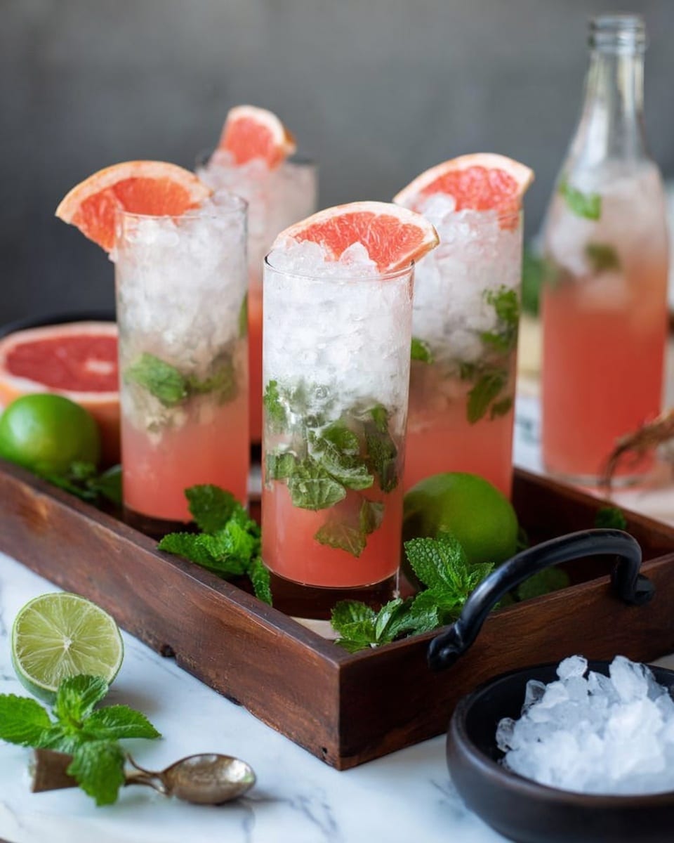 A tall clear glass filled with crushed ice and a pink liquid that shows green mint leaves inside. The glass has a thick base and is topped with a wedge of bright pink grapefruit on the rim. The background shows more similar glasses filled with the same drink placed on a wooden tray, alongside a halved lime and a small metal cup. In the foreground, a slice of pink grapefruit lies on a white marbled surface, along with a metal scoop holding ice. Photo taken with an iphone --ar 4:5 --v 7