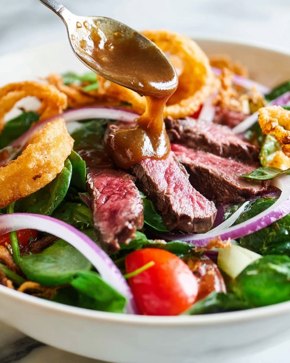 In a white bowl on a white marbled surface, there is a fresh salad with several layers: the bottom layer is green spinach leaves with a fresh texture, next are thin slices of pink-red cooked beef arranged on top, followed by layers of small bright red cherry tomato halves and light purple onion slices. Crispy golden brown fried onion rings are placed in the center, and a spoon is pouring a glossy brown dressing over the beef and salad. The overall colors show fresh green, red, purple, golden brown, and glossy brown sauce. Photo taken with an iphone --ar 4:5 --v 7