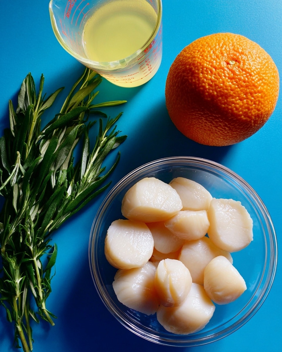 A clear round bowl filled with smooth, white scallops appears in the lower left corner with their soft, curved shapes closely packed together. To the upper right of the bowl, a bright orange with a bumpy texture provides a vibrant contrast. In the upper right corner, a glass measuring cup partially filled with pale yellow liquid sits. On the left side, a small bunch of fresh green herbs with long and narrow leaves adds a natural touch. The background is a solid bright blue. photo taken with an iphone --ar 4:5 --v 7