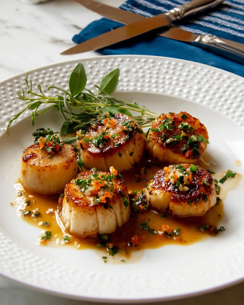 Five round scallops with a golden brown sear on top are placed in the center of a white plate with a raised dot edge. They are covered with small chopped green herbs and tiny orange bits. A light brown sauce with some herbs is spread beneath and around the scallops. A small bunch of green leafy herbs lies on the side near the top left scallop. In the background, a knife and fork rest on a blue and white cloth on a white marbled surface. Photo taken with an iphone --ar 4:5 --v 7