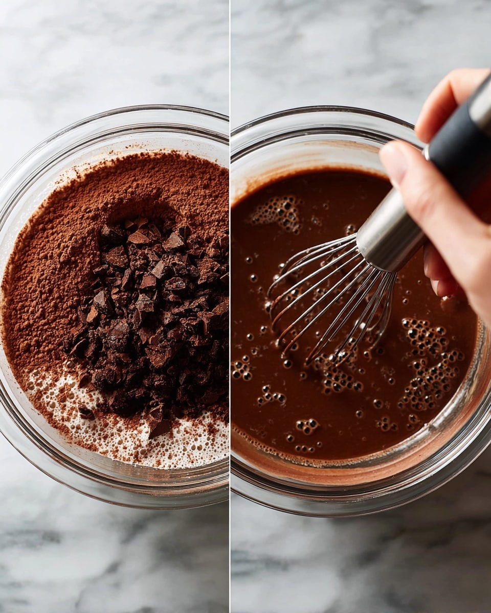 A clear glass mug filled with a thick, dark brown chocolate mixture containing visible oats sits on a white marbled surface. On top of the mixture are sliced bright red strawberries and a whole strawberry dipped in dark chocolate resting on the rim. A small white cup held by a woman's hand pours a smooth, glossy dark chocolate sauce over the strawberries, with some dripping down the side of the mug. Around the mug are several chocolate-covered strawberries and a few scattered chocolate chips. In the background, there is a white ceramic bottle and a white bowl filled with more chocolate strawberries, all set against a soft white marbled backdrop. Photo taken with an iphone --ar 4:5 --v 7