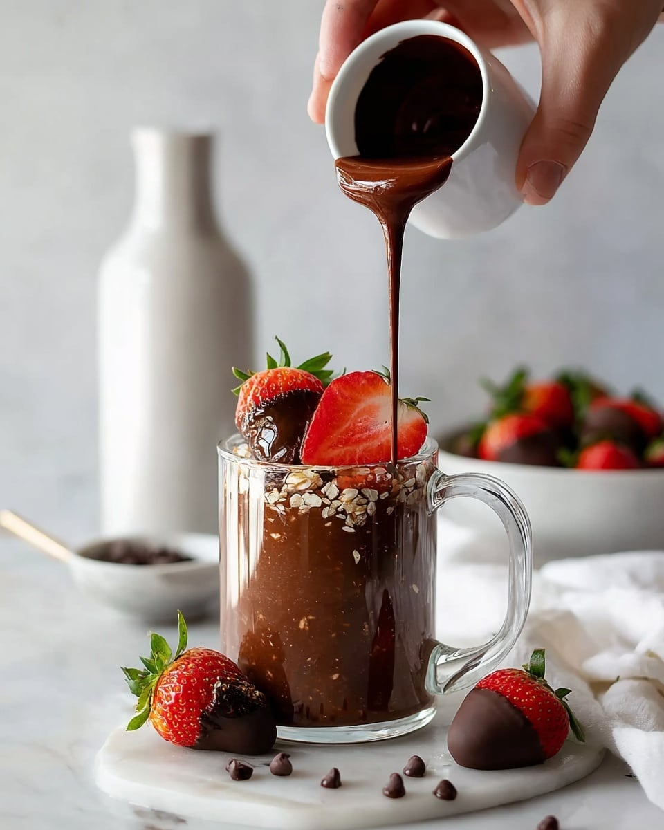 The image shows a tall clear glass filled with thick chocolate pudding mixed with small bits, taking up about four-fifths of the glass. On top, fresh red strawberry slices are spread evenly, with one whole strawberry covered in dark chocolate placed at the very top center. A small wooden spoon is held on the left side of the glass by a clear handle. Around the glass, there are several whole red strawberries, some dipped in dark chocolate, scattered on a white marbled surface. In the background, a white pitcher, a glass bottle of milk, a white bowl filled with strawberries, and a white marbled board are softly blurred. photo taken with an iphone --ar 4:5 --v 7