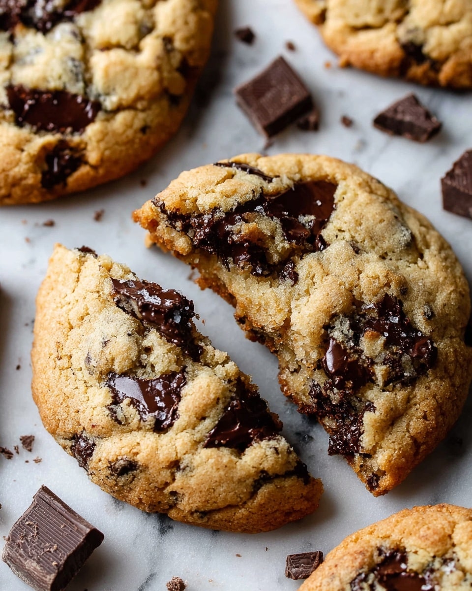 Five golden brown cookies with a soft texture lay on a white marbled surface. Each cookie is round, with a slightly cracked top showing melted, dark chocolate chunks embedded throughout. Around the cookies, there are several pieces of broken dark chocolate scattered, adding a rich contrast to the light cookie dough. The cookies look warm and fresh, with some chocolate pieces shiny and moist. photo taken with an iphone --ar 4:5 --v 7