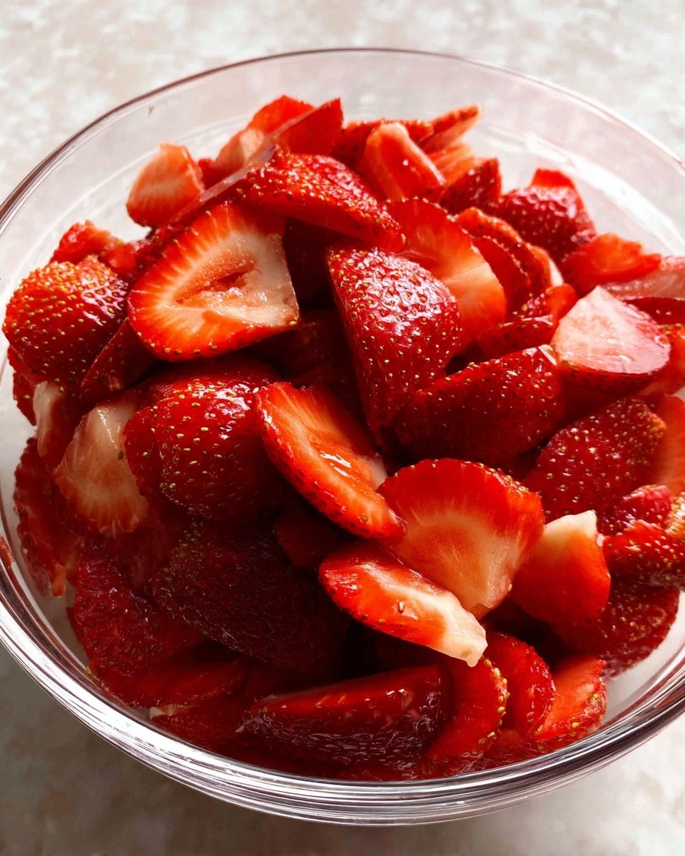 A close-up view of a clear bowl filled with many slices of bright red strawberries, showing their shiny, juicy texture. The strawberry pieces vary in size and are layered closely together, filling the bowl. The background and surface beneath the bowl have a white marbled texture. Photo taken with an iphone --ar 4:5 --v 7