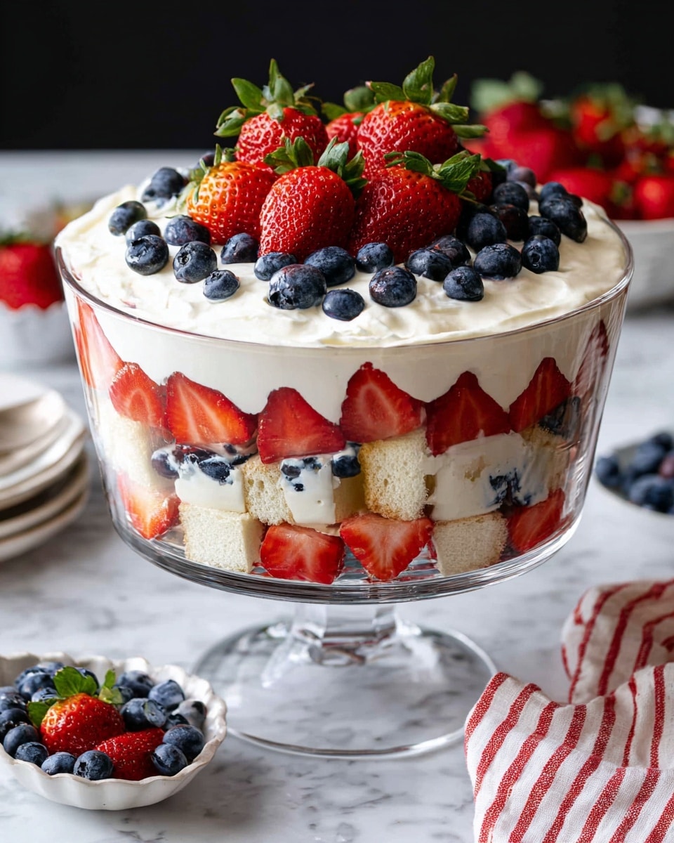 A tall clear glass bowl holds a four-layer dessert with a white marbled texture surface beneath it. The bottom layer is small cubes of white cake, topped with a layer of sliced red strawberries placed against the glass. Next is a thick white cream layer, followed by a layer of whole blueberries. Another layer of white cream spreads above the blueberries, with whole blueberries spread on top. The dessert is crowned with whole and halved red strawberries with green leaves. In the background, there is a white marbled surface with scattered blueberries, strawberries, and a white dish with more strawberries, next to a cloth with red stripes. Photo taken with an iphone --ar 4:5 --v 7