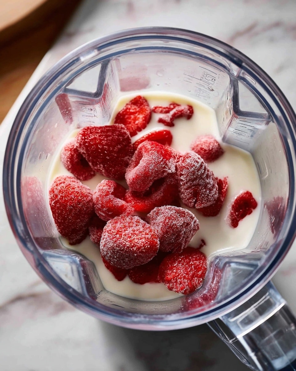 A tall clear glass is filled with a thick, light pink strawberry smoothie with tiny red specks inside. On the top edge, there are small chunks of fresh red strawberries with green leaves. A clear glass straw leans inside the glass from the left side. Around the glass on a white marbled surface, there are sliced and whole strawberries in bright red with green tops, and a half-cut yellow lemon. In the background, there is a clear glass bottle filled with white milk and another glass with the same pink smoothie slightly blurred. photo taken with an iphone --ar 4:5 --v 7
