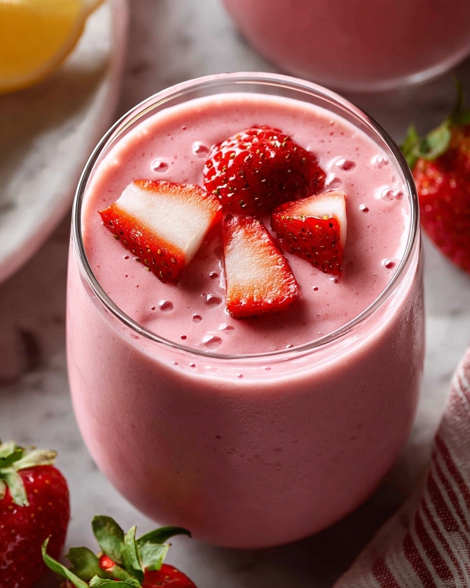 A close-up view of a creamy pink smoothie served in a clear glass that is full to the top. The smoothie has a smooth texture with small bubbles on the surface. On the top, four strawberry pieces are placed, three of them cut showing their red and white inside, and one whole strawberry visible with seeds and bright red skin. The glass is set on a white marbled texture surface with a striped cloth and additional strawberries scattered softly around it. The lighting is soft, highlighting the fresh look of the smoothie. photo taken with an iphone --ar 4:5 --v 7