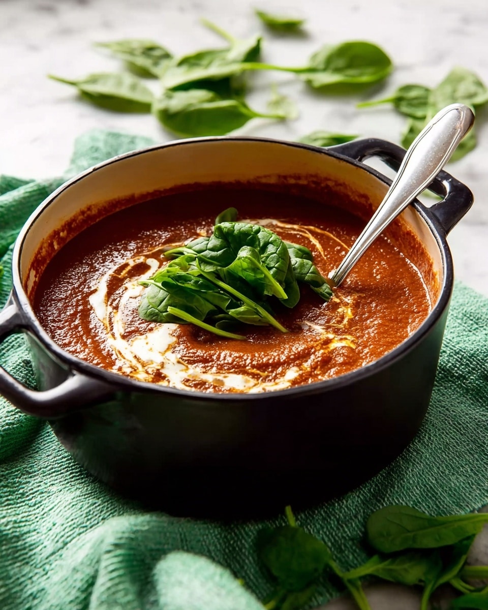 A deep black pot filled with thick, smooth reddish-brown soup with swirls of light cream on top. In the center, there is a small bunch of fresh green spinach leaves, adding a bright touch to the rich soup. A silver ladle is placed inside the pot on the right side, partially submerged in the soup. The pot sits on a soft green cloth on top of a white marbled surface. Some loose spinach leaves are placed nearby, adding a fresh, natural feel to the scene. Photo taken with an iphone --ar 4:5 --v 7
