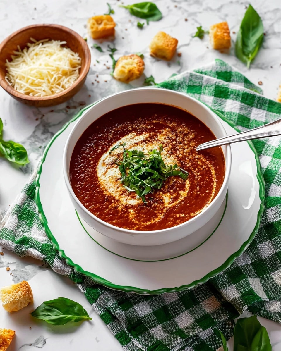 The dish shows one white bowl filled with a thick tomato soup with a rich red color in the center, topped with a layer of grated cheese that is light yellow and scattered unevenly. A drizzle of cream creates a white spiral swirl on the surface, and a small bunch of fresh green basil leaves sits in the middle of the bowl. The bowl is placed on a white scalloped plate with a green edge, which rests on a green and white checkered cloth over a white marbled surface. A shiny silver spoon lies diagonally on the plate beside the bowl, and a small container filled with grated cheese is visible in the background. Photo taken with an iphone --ar 4:5 --v 7