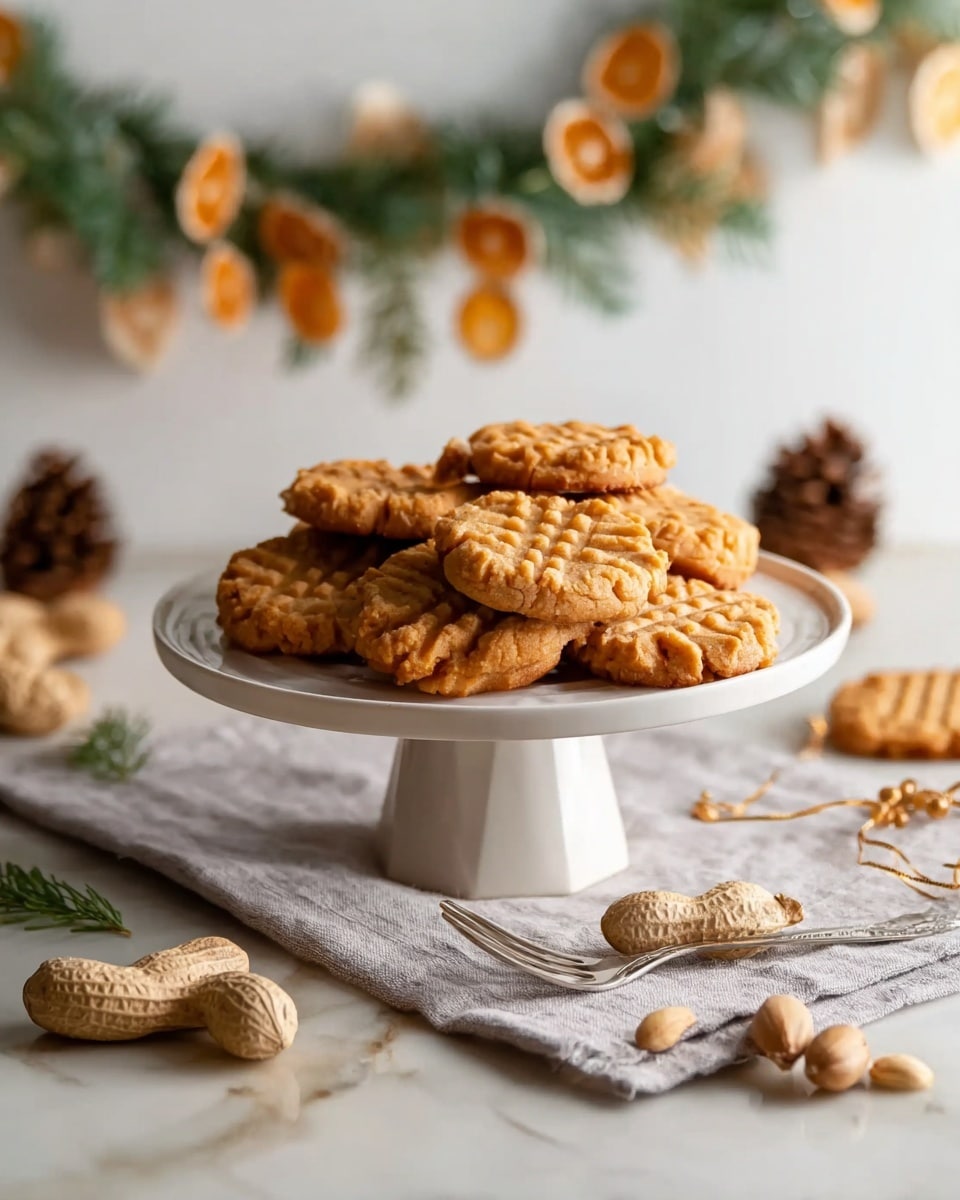 A white pedestal cake stand holds a stack of golden brown peanut butter cookies with a crisscross fork pattern on top; the cookies are layered unevenly with some resting on the edge of the stand. The stand is placed on a light gray fabric cloth that covers a white marbled surface. Surrounding the stand are a few whole unshelled peanuts, one peanut split open showing the nuts inside, and a silver fork lying flat in the foreground. In the soft-focus background, small pinecones, green pine needles, and a garland of dried orange slices hang against a plain white wall. Photo taken with an iphone --ar 4:5 --v 7